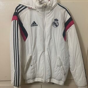 Adidas Kids White Puffer Jacket with Black and Pink Stripes